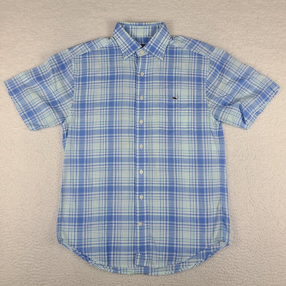 Vineyard Vines Tucker Shirt Mens Small Blue Green Plaid Classic Fit Button Up